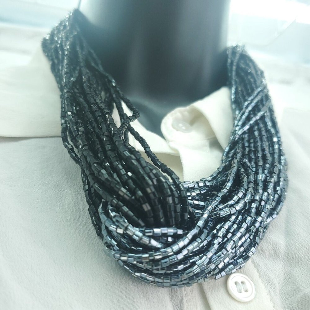 Womens Black Metallic Gray Beaded Twisted Multi Strands Statement Necklace